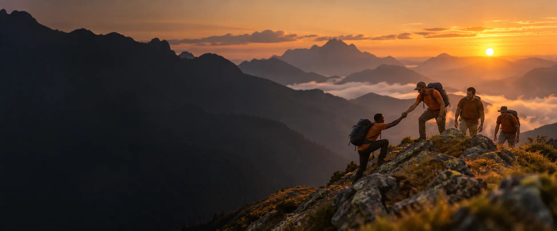 Ilustração de homens caminhando juntos em uma montanha ao amanhecer